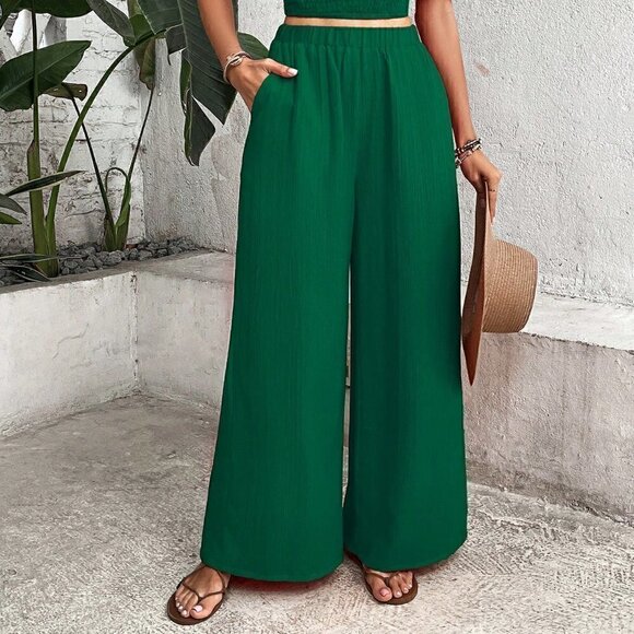 Green Boho Womens Off Shoulder Ruffle Trim Top & Wide Leg Pants - Picture 3 of 5